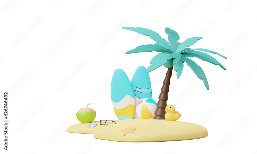 Fototapeta premium 3D render Summer vacation, beach and sea icon elements objects group, holidays background concept, Realistic Display for Product mock-up with summer theme. minimal cute design.