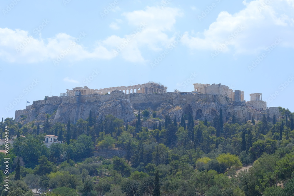 Acropolis landmark on the top of a mountain in Athens, Greece