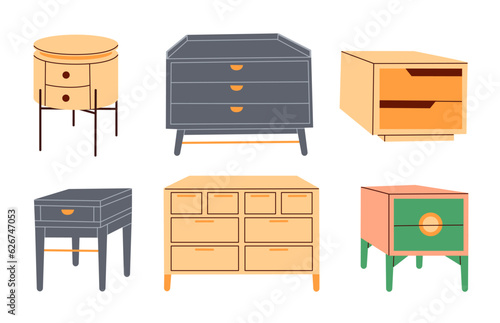 Storage furniture set. Designer chest of drawers for the bedroom. Storage cabinet in the living room.