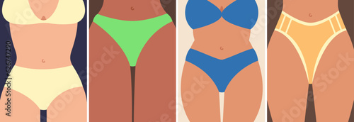 Set of summer posters with female bodies. Beach placard in flat style.