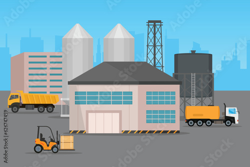 Plant with trucks, ventilation system, forklifts 2d vector illustration concept for banner, website, illustration, landing page, flyer, etc