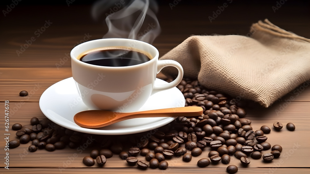 Fototapeta premium Hot black coffee cup, wooden spoon and coffee seeds.