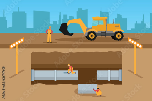 Utility Services Repairing Pipeline Of Sewerage 2d vector illustration concept for banner, website, illustration, landing page, flyer, etc