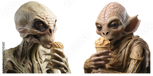 illustration of aliens eating a tasty ice cream on a transparent background, Generative AI