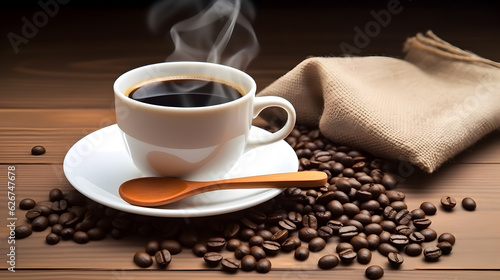 Hot black coffee cup, wooden spoon and coffee seeds.