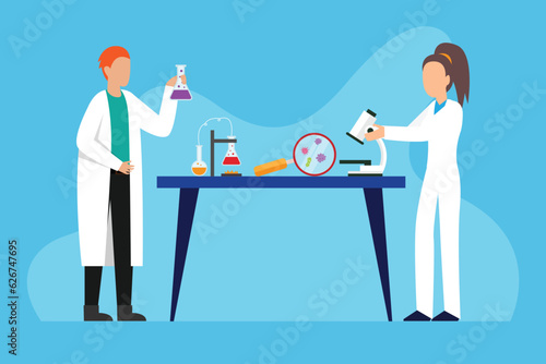 People work in vaccine development science laboratory 2d vector illustration concept for banner, website, illustration, landing page, flyer, etc