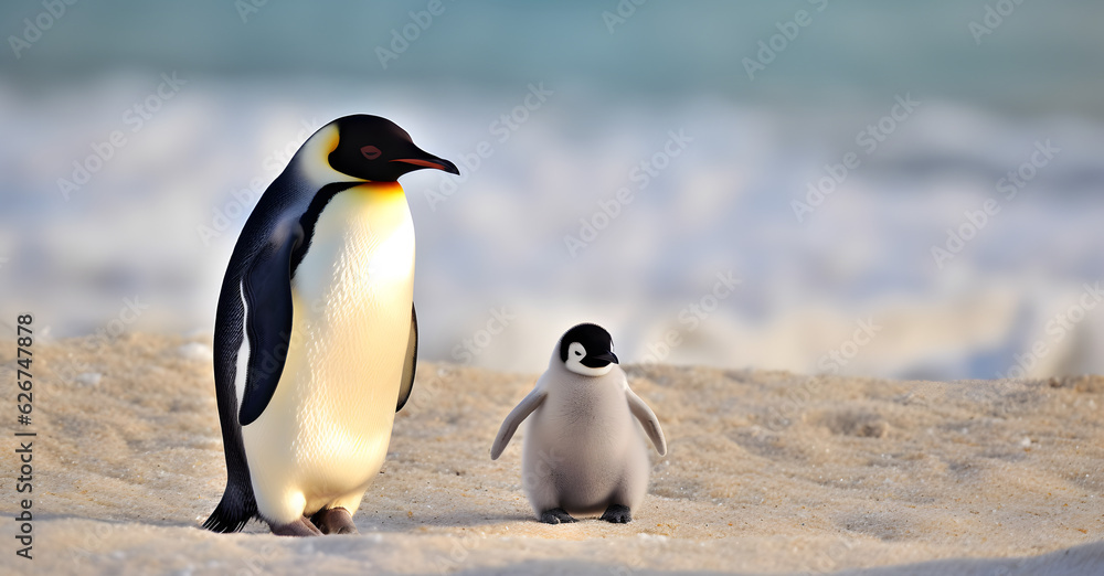 Obraz premium Dad or mom and baby penguin. Father love, bond and parenting concept.