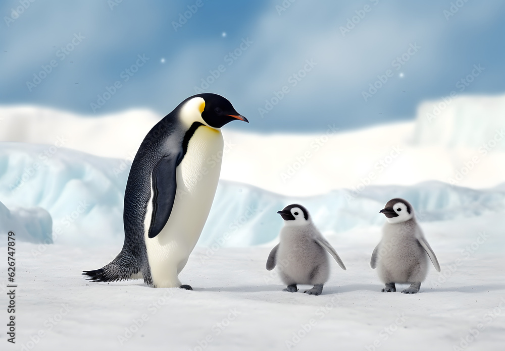 Fototapeta premium Dad or mom and baby penguins. Father love, bond and parenting concept.