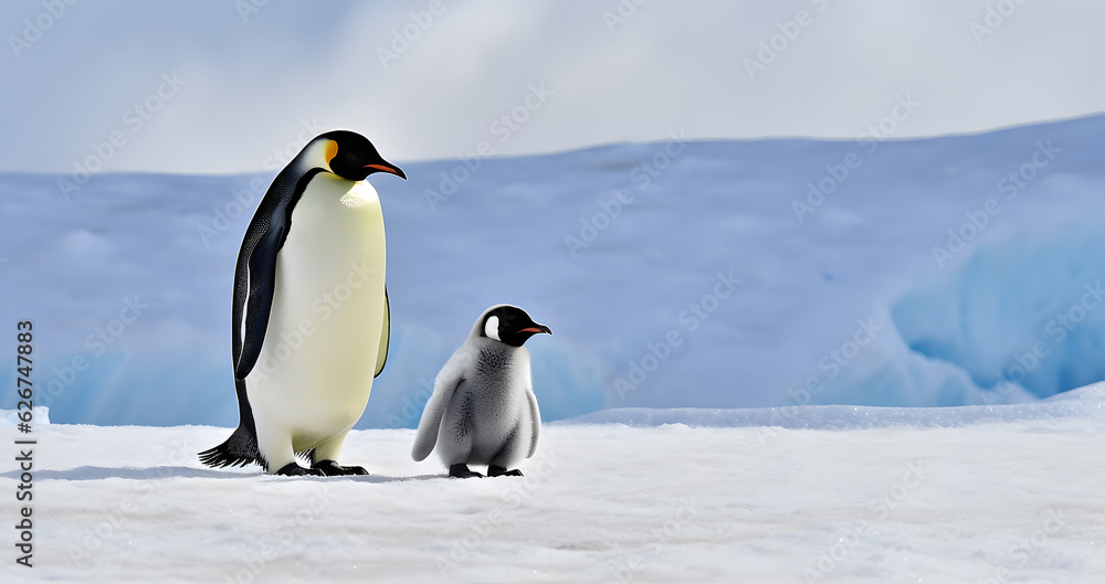 Fototapeta premium Dad or mom and baby penguin. Father love, bond and parenting concept.
