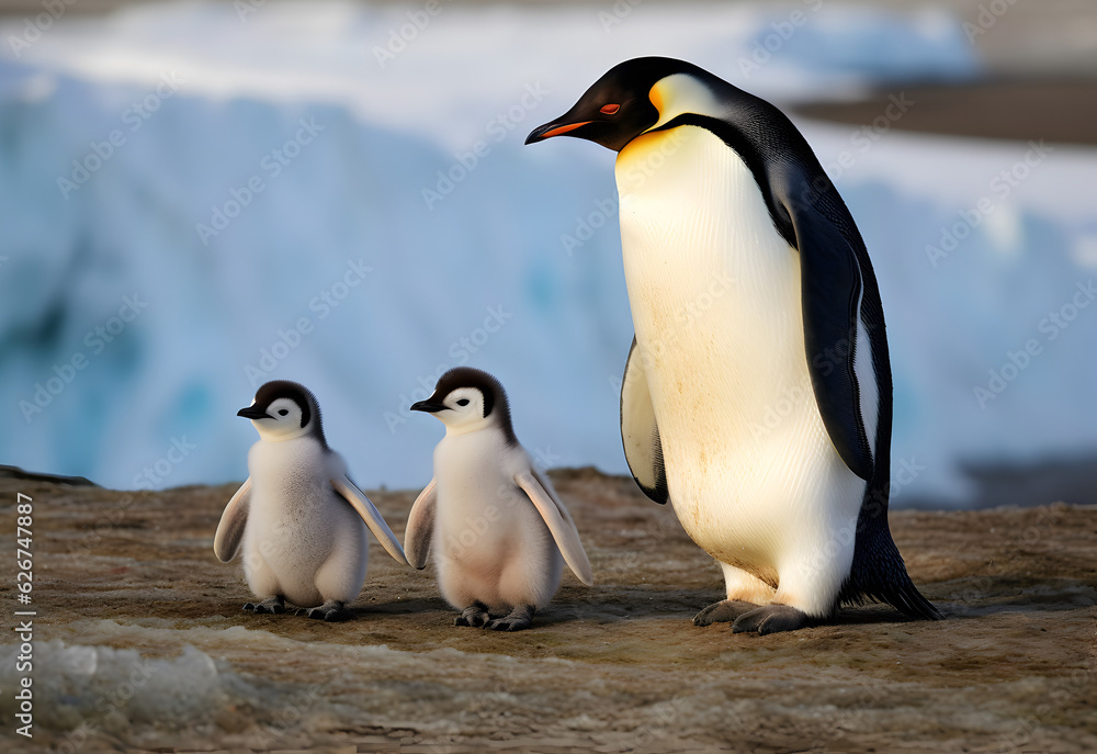 Fototapeta premium Dad or mom and baby penguins. Father love, bond and parenting concept.