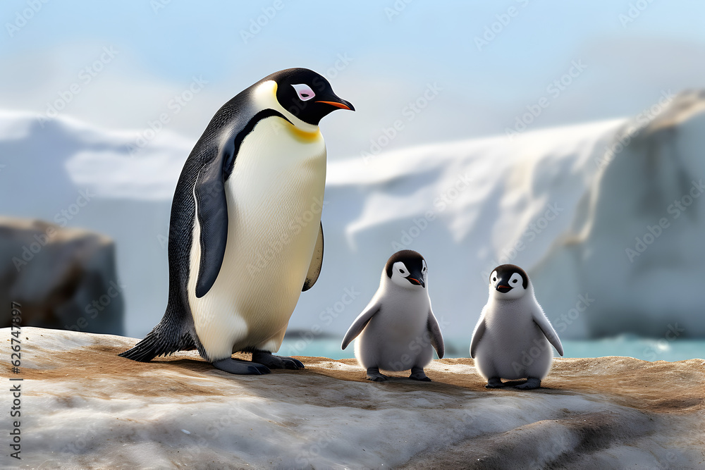 Fototapeta premium Dad or mom and baby penguins. Father love, bond and parenting concept.