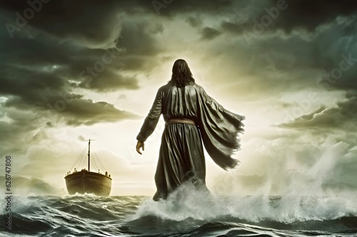Tableau sur toile Jesus Christ walking on water across the sea towards a boat.