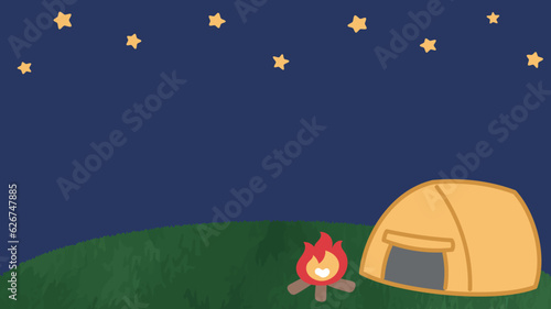 夜空とキャンプで焚火をしているイラスト背景素材