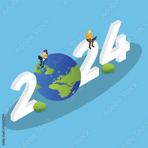 Man and woman save the earth in 2024 isometric 3d vector illustration concept for banner, website, illustration, landing page, flyer, etc