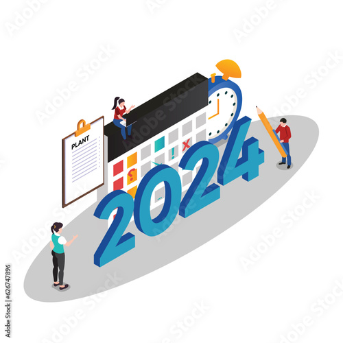 Team create planner and schedule for 2024 isometric 3d vector illustration concept for banner, website, illustration, landing page, flyer, etc