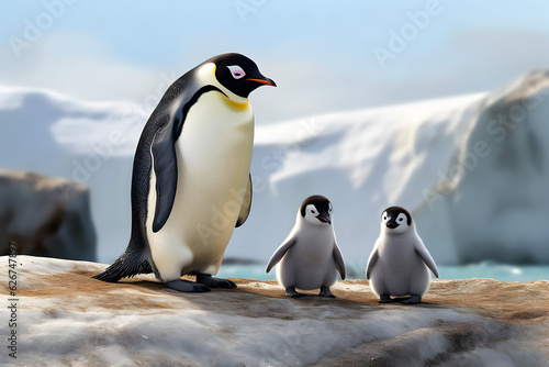 Dad or mom and baby penguins. Father love  bond and parenting concept.