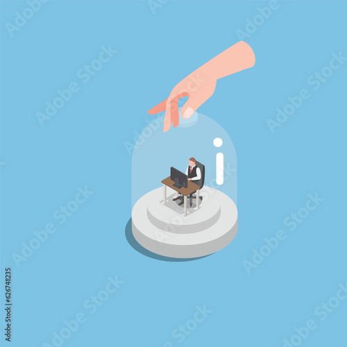 Stressed Depressed businessman stuck working inside closed jar isometric 3d vector illustration concept for banner, website, illustration, landing page, flyer, etc