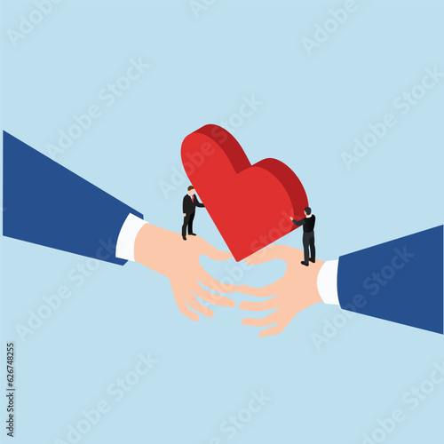 2 businessman sharing hearts and working together isometric 3d vector illustration concept for banner, website, illustration, landing page, flyer, etc