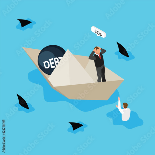 Man shouting SOS on sinking boat with heavy ball of debt surrounded by sharks isometric 3d vector illustration concept for banner, website, illustration, landing page, flyer, etc