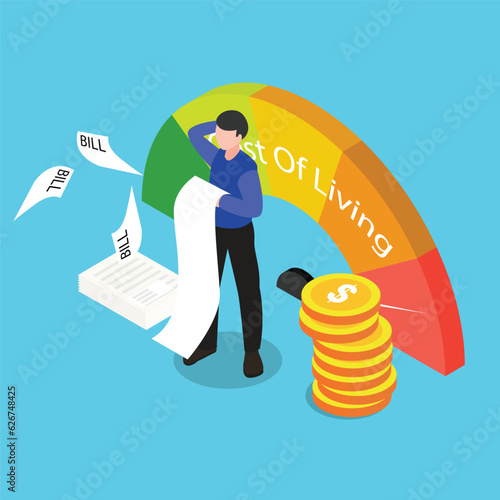 Scale showing high cost of living of stressed businessman holding bills isometric 3d vector illustration concept for banner, website, illustration, landing page, flyer, etc