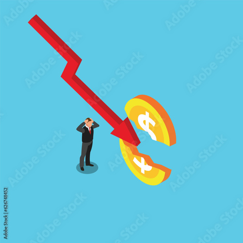 Businessman frustrated from arrow splitting dollar coin and financial crisis isometric 3d vector illustration concept for banner, website, illustration, landing page, flyer, etc