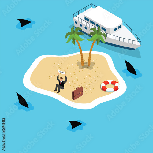 Businessman trapped on an island asking for help while shark surrounds him isometric 3d vector illustration concept for banner, website, illustration, landing page, flyer, etc