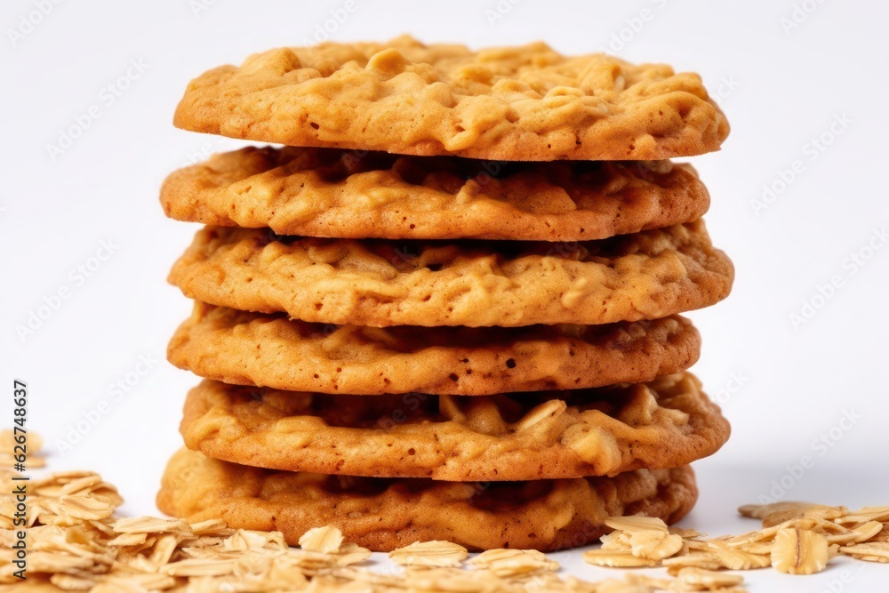 stack of oatmeal cookies on a white background, created by Generative AI stack of oatmeal cookies on a white background, created by Generative AI