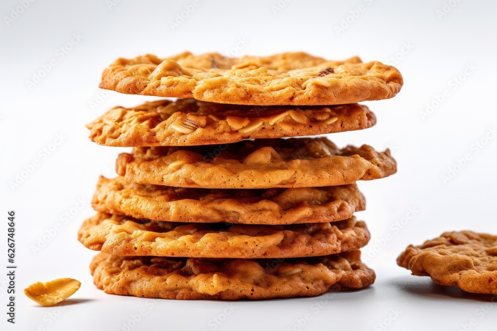 stack of oatmeal cookies on a white background, created by Generative AI