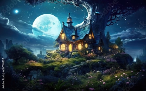 Halloween background with castle with moon.