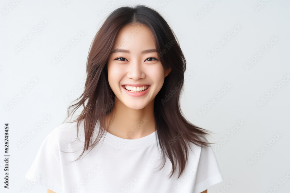 Radiating pure joy and confidence, an Asian young girl shines in her fashion-forward dress, striking a captivating pose amidst a bright and airy white studio light setting. generative AI. Radiating pure joy and confidence, an Asian young girl shines in her fashion-forward dress, striking a captivating pose amidst a bright and airy white studio light setting. generative AI.