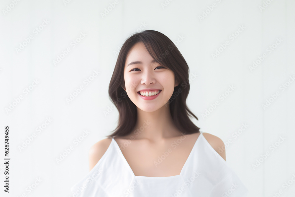 Radiating pure joy and confidence, an Asian young girl shines in her fashion-forward dress, striking a captivating pose amidst a bright and airy white studio light setting. generative AI. Radiating pure joy and confidence, an Asian young girl shines in her fashion-forward dress, striking a captivating pose amidst a bright and airy white studio light setting. generative AI.