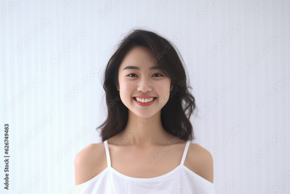 Radiating pure joy and confidence, an Asian young girl shines in her fashion-forward dress, striking a captivating pose amidst a bright and airy white studio light setting. generative AI. Radiating pure joy and confidence, an Asian young girl shines in her fashion-forward dress, striking a captivating pose amidst a bright and airy white studio light setting. generative AI.