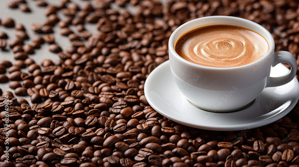 Fototapeta premium White coffee cup and coffee bean in background