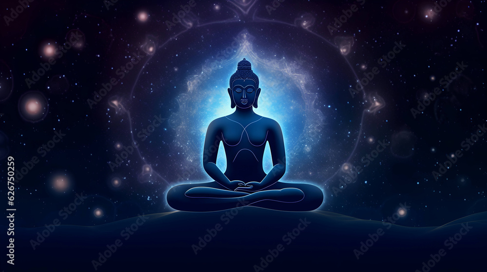 Cosmic Buddha Chakra Meditation Message banner - lotus position seated buddha with the seven chakras. Background is night blue sky. Spiritual self - healing
