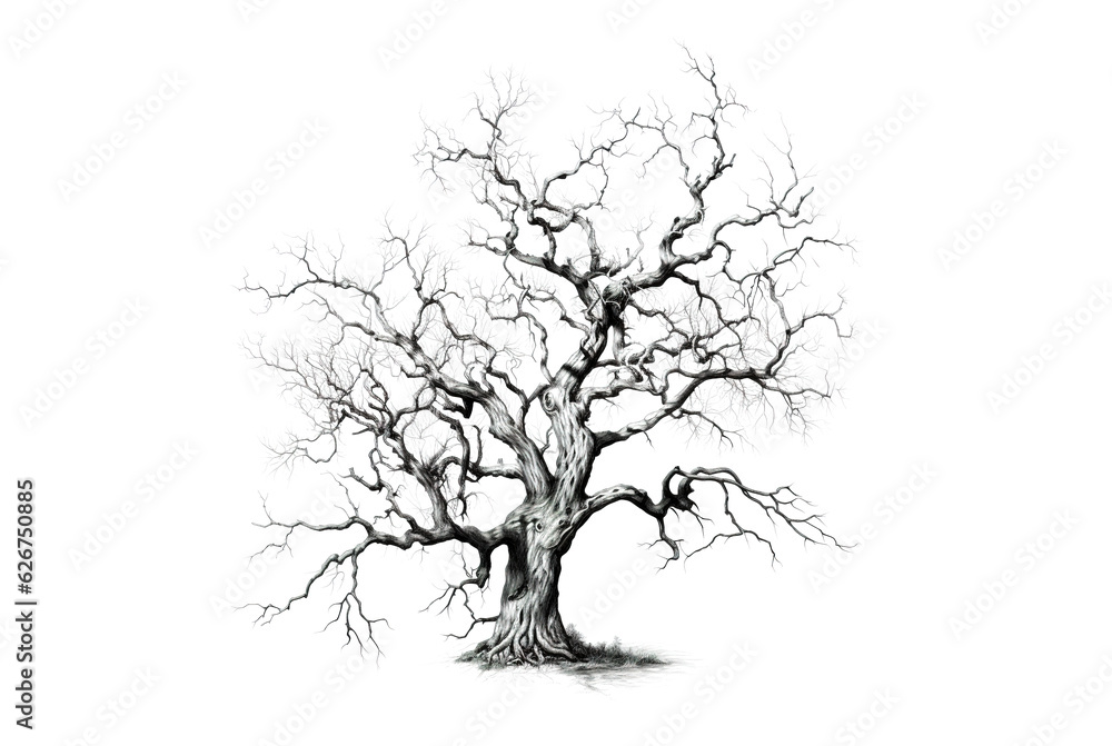 Dead big tree on white background. Illustration, Generative AI.