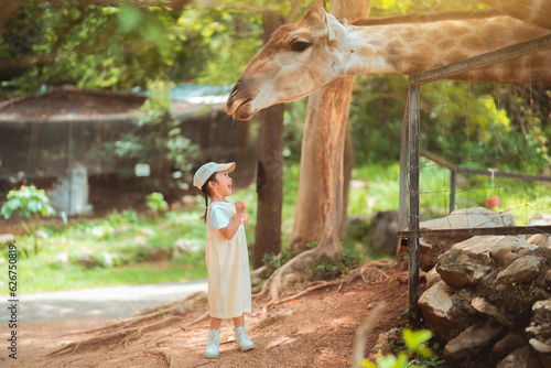 cute baby girl in dress and hat with activity feed food giraffe with happy time on outdoor