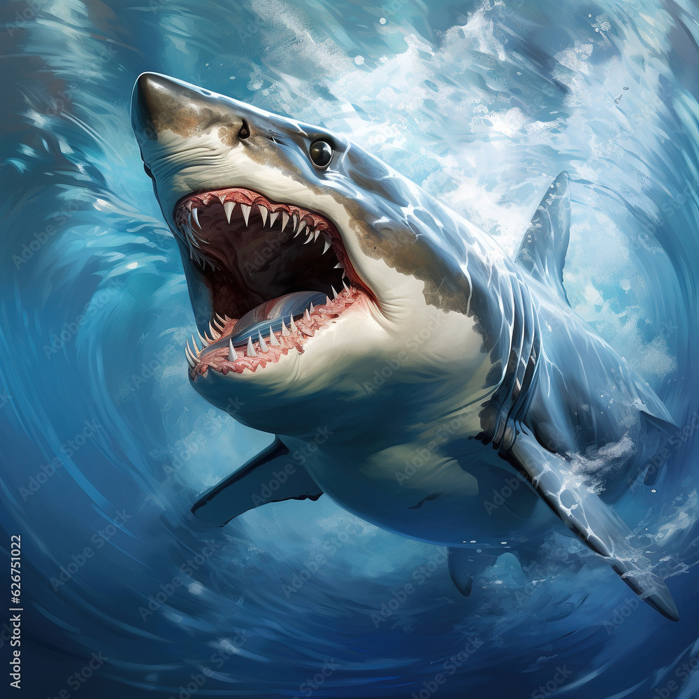 Naklejka premium An angry big shark opens its mouth wide with sharp teeth. Undersea animals. Fish. Illustration, Generative AI.