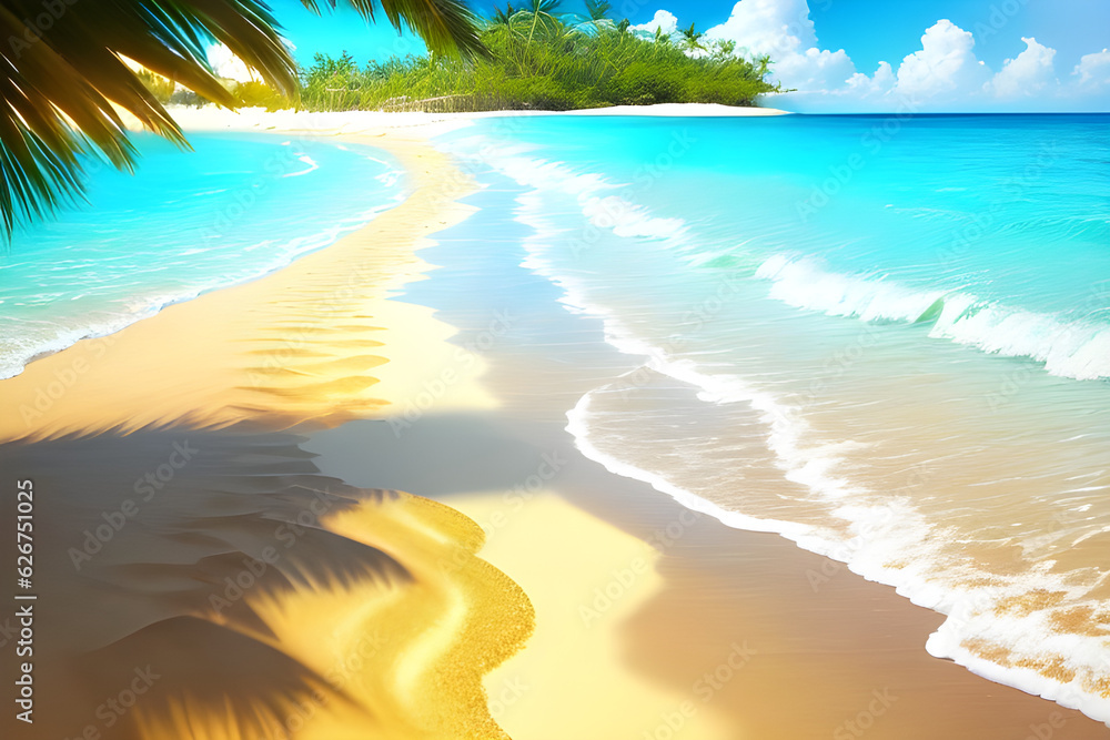 Beautiful background for summer vacation and travel. Golden sand on a tropical beach on a sunny day. Generative AI
