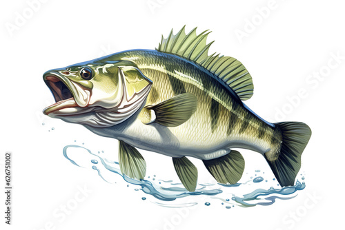 Image of largemouth bass fish on a white background. Underwater animals. Illustration, Generative AI. © yod67