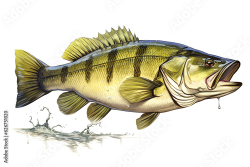 Image of largemouth bass fish on a white background. Underwater animals. Illustration, Generative AI.