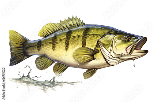 Image of largemouth bass fish on a white background. Underwater animals. Illustration, Generative AI. photo