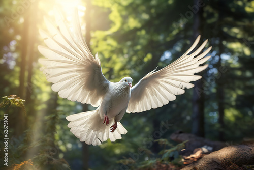 Image of white pigeon flying in the fertile forest. Bird. Nature. Illustration, Generative AI.