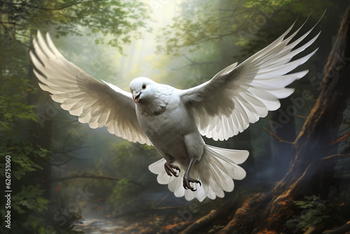 Image of white pigeon flying in the fertile forest. Bird. Nature. Illustration, Generative AI.