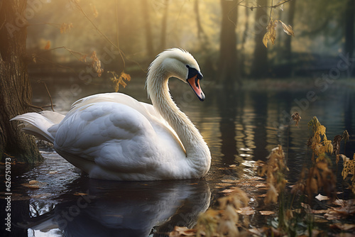 Image of white swan on the water in the swamp in the fertile forest. Nature. Illustration, Generative AI.