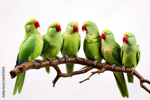 Image of group of alexandrine parakeet on a branch on a white background. Birds. Animals. Illustration, Generative AI. photo