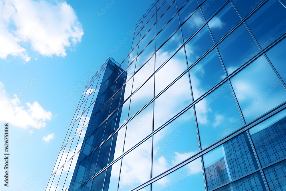 Reflective skyscrapers, business office buildings. Low angle photography of glass curtain wall details of high-rise buildings.The window glass reflects the blue sky and white clouds. Reflective skyscrapers, business office buildings. Low angle photography of glass curtain wall details of high-rise buildings.The window glass reflects the blue sky and white clouds.