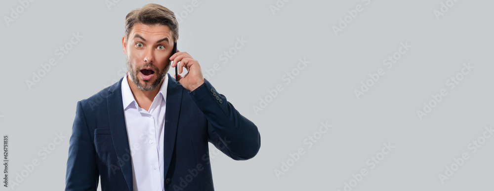 Business man in suit talking on phone, promo mobile app. Businessman in casual clothes using smartphone isolated over studio background. Banner for header, copy space. Poster for web design. Business man in suit talking on phone, promo mobile app. Businessman in casual clothes using smartphone isolated over studio background. Banner for header, copy space. Poster for web design.
