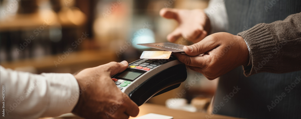 Customer using credit card and pay terminal for payment. panorama photo Customer using credit card and pay terminal for payment. panorama photo