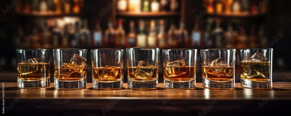 Whiskey glasses in row at wooden bar in pup or restaurant.