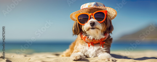 Canvas Print Cool dog with sunglasses and hat on the beach
